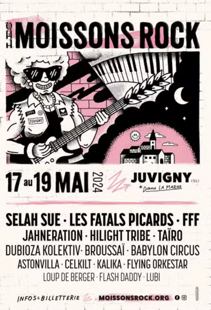 affiche de la programmation du festival Les Moissons Rock à Juvigny en 2024 
